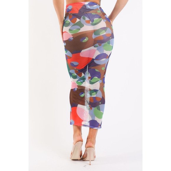 Women's Graphic Printed Mesh Maxi Skirt Party Casual Lace Up V Waist - Picture 8 of 10